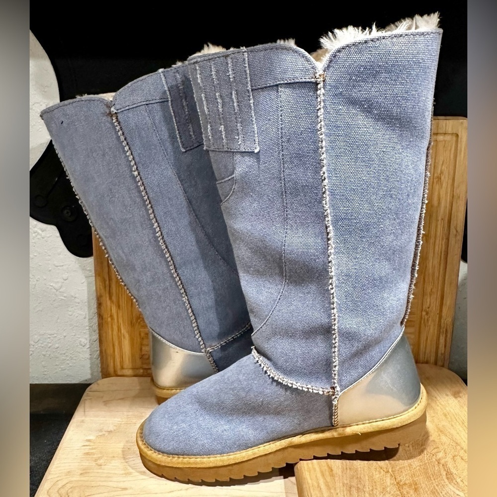 Fur-Lined Denim Lug Sole Booties Metallic Detail Women’s Size 7 - Picture 6 of 8